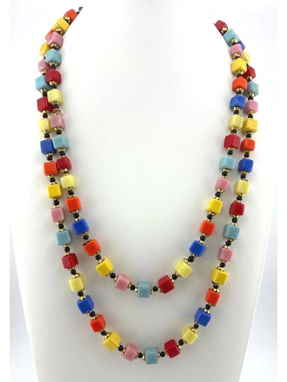 Vintage Multicolor Cube Glass Bead Necklace with Gold Tone Accents - Mid Century